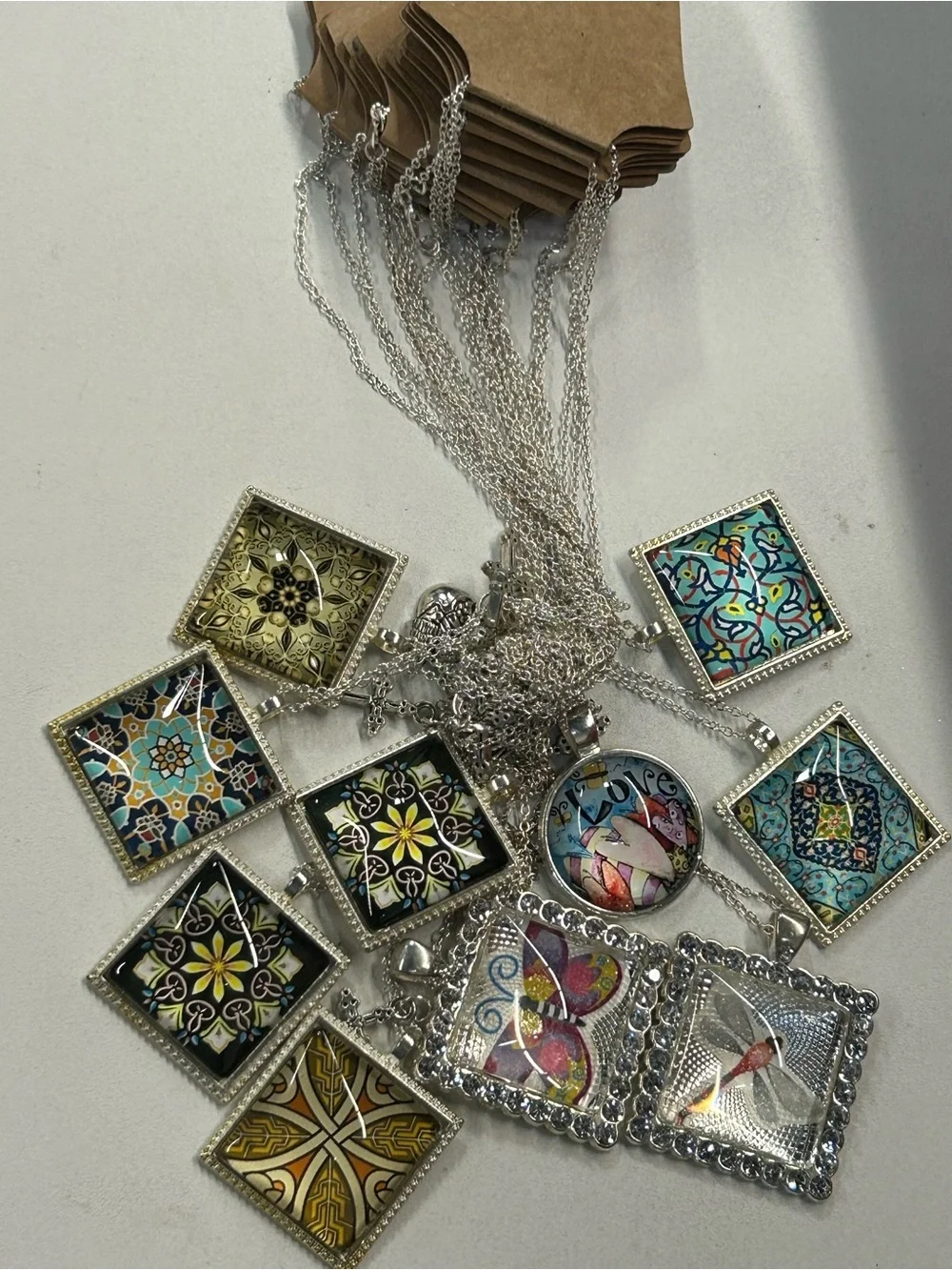 10 Silver tone Multi-Color Patterned Glass Pendant Necklaces